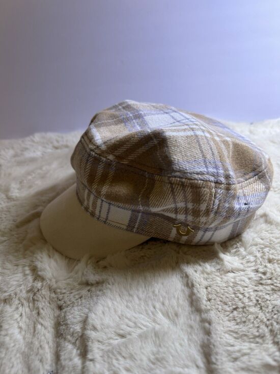 True Religion Newsboy Flat Cap Plaid Suede Logo Y2K Style Cream Brown New main image 8